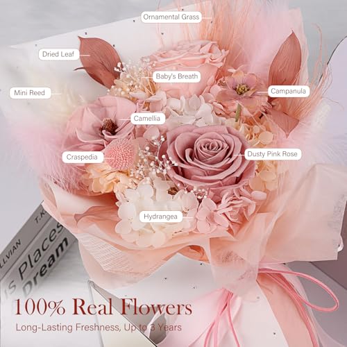 Preserved Bouquet of Flowers - Real Roses & Flowers for Delivery, Long-Lasting Dusty Pink Forever Camellia Flowers, Mothers Day Gifts for Mom Grandma Wife, Anniversary Birthday Gifts for Women - color: Dusty Pink