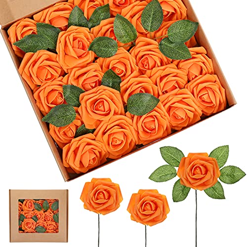 Syhood Artificial Foam Rose Flowers Vintage Fake Roses DIY Bouquets with Leaves and Stems for Wedding Bridal Shower Party Centerpieces Home Romantic Decor(Orange,50 Pieces) - color: Orange
