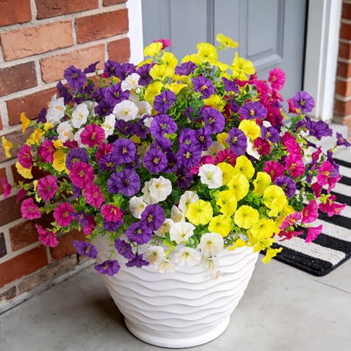 ADXORA 12 Bundles Morning Glory Artificial Flowers for Outdoor Decoration UV Resistant Fake Plastic Plants Artificial Greenery for Indoor Outdoor Garden Patio Window Box Home Decor - color: Puerple,light Purple,yellow,white