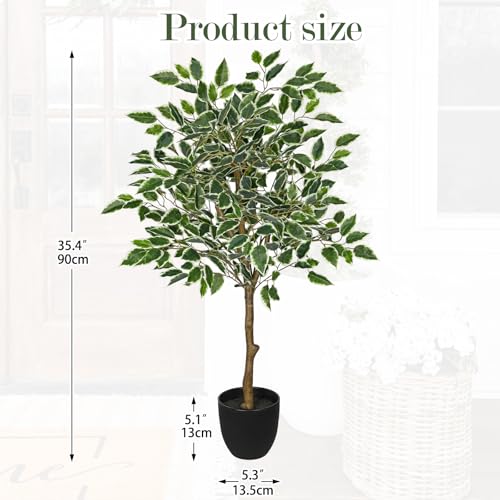 3Ft Ficus Tree Artificial Plants Indoor with Realistic Trunk, Tall Fake Potted Tree Faux Floor Plant, Artificial Tree in Pot for Home Living Room Office Bedroom Corner Decor(Green White) - color: Green White, size: 3Ft
