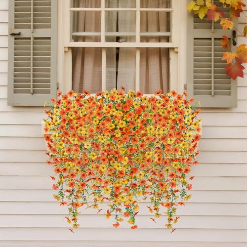Ammyoo Artificial Hanging Flowers for Outdoors Fake Plants Decoration, 2 Packs Faux Silk Daisy Flower Realistic Outdoor Flowers UV Resistant Porch Patio Window Yard Indoor Spring Decor(Yellow Orange) - color: Dyellow Orange