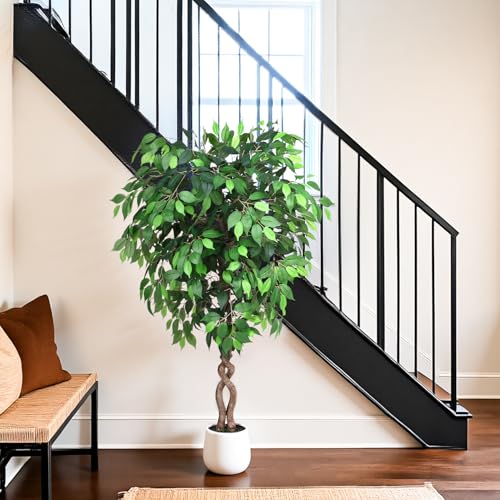 Jocoevol 5FT Artificial Ficus Tree, Tall Faux Trees Indoor with White Planter, Dried Moss, Natural Silk Leaves & Trunk, Fake Plants for Home Living Room Office Corner Decor Housewarming Gift - color: Green, size: 5ft