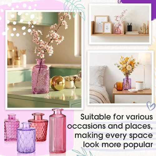 Yaomiao 30 Pcs Vases Bulk Colored Flower Glass Vases Bud Vintage Colored Glass Bottles Colorful Rustic Embossed for Home Wedding Table Decorations Gifts (Pink Purple Red Series) - color: Pink Purple Red Series