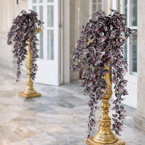 2 Pack Artificial Hanging Tradescantia Plants with Ceramic Pot Large Purple Cascading Faux Greenery Full Trailing Fake Vines Indoor Wall Shelf Decor for Bathroom Patio Outddor Decor (Purple-01) - color: Purple-01
