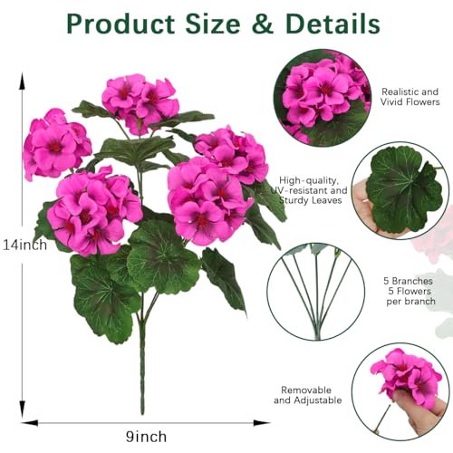 8 Pcs Artificial Geraniums Flowers for Outdoor Spring Summer Decor UV-Resistant & Realistic Silk Faux Plants for Garden Porch Patio Yard Balcony Home Kitchen Table Decoration, Rose Pink - color: Rose Pink