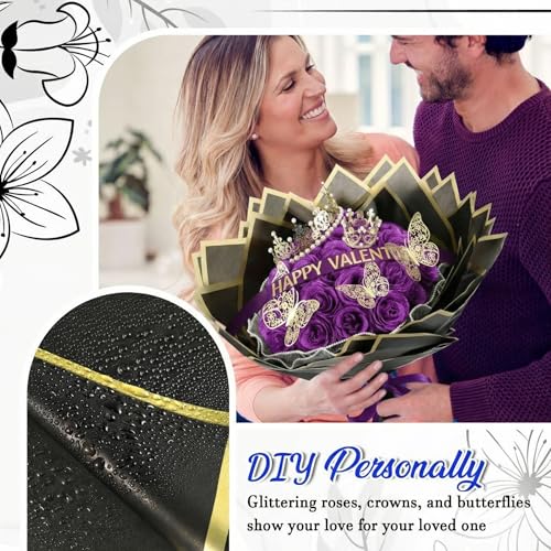 Thiccywoov 36 Pcs Glitter Roses Bouquet Graduation Artificial Rose DIY Flower Bouquet Kit Flower Wrapping Paper 3D Butterflies Crowns for Mom Mother Teacher Birthday (Purple) - color: Purple