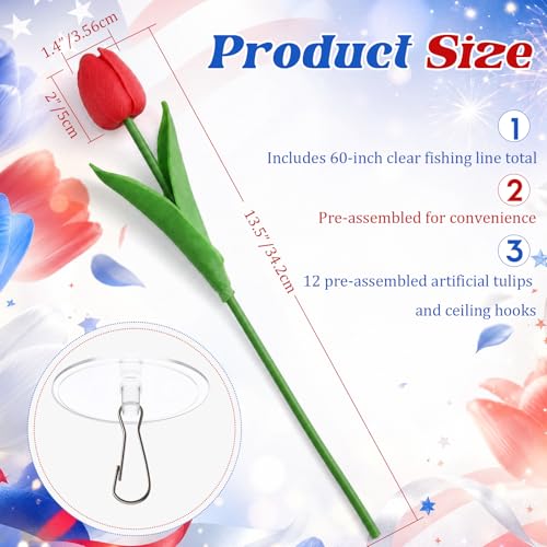 12 Pack Red White Blue 5 ft Artificial Hanging Tulips Garland, 4th of July Dangling Faux Tulip Wall Ceiling Patriotic Hanging Flower for Independence Day 250th Anniversary Home Party Decor - color: Red White Blue
