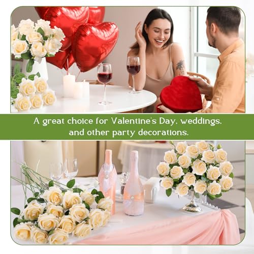 Jexine 60 PCS Artificial Roses Bulk Silk Flowers with Long Stems, Realistic Faux Rose Bouquet for Wedding Centerpieces, Valentine’s Party, Decor Home (Champagne) - color: Champagne