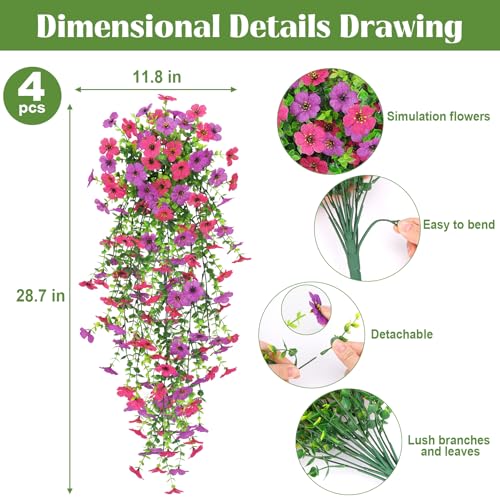4 Pcs Artificial Hanging Flowers for Outdoor, Fake Silk Daisy Flowers Spring Summer Decoration UV Resistant Faux Plants for Planter Front Door Porch Patio Balcony Yard Decor, Purple Fuchsia - color: Purlple Fuchsia
