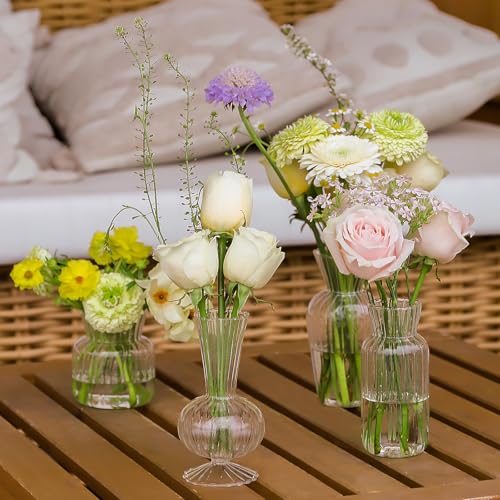 12 Pcs Ribbed Glass Bud Vases Set, 4 Styles Clear Small Flower Vases in Bulk, Roman Column Vertical Ribbed Design for Wedding, Home Decor, Table Centerpieces, Party