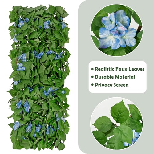 Expandable Fence Privacy Screen with Artificial Flower, Faux Privacy Fence Panel Artificial Green Wall Balcony Garden Patio Privacy Screen, Single Sided Leaves (Blue Hydrangea, 1 Pack) - color: Blue Hydrangea, size: 1 Pack