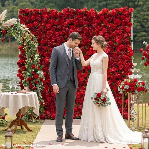 rosemorning 8x8FT Red Artificial Flower Wall Backdrop,5D Silk Flower Wall Panel for Wedding Party Birthday Baby Shower Photo Booth Decor Easy to Install Reusable - color: Luna-Red, size: 8Ft*8Ft