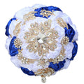 8.7in Bridal Wedding Bouquet Handmade with Luxury Gold Rhinestone Brooch for Bride Bridesmaid Quinceanera Satin Rose Bouquet Flower Wedding White and Royal Blue - color: White & Royal Blue, size: Large (DIA. 8.7"/22cm)