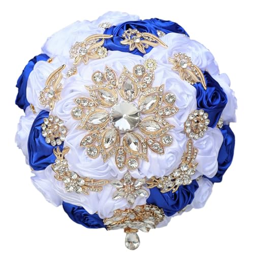 9.8in Wedding Bridal Bouquet Handmade with Luxury Gold Rhinestone Brooch for Bride Bridesmaid Quinceanera Bouquet Satin Rose Flower Bouquet Wedding White and Royal Blue - color: White & Royal Blue, size: Extra-large (DIA. 9.8"/25cm)