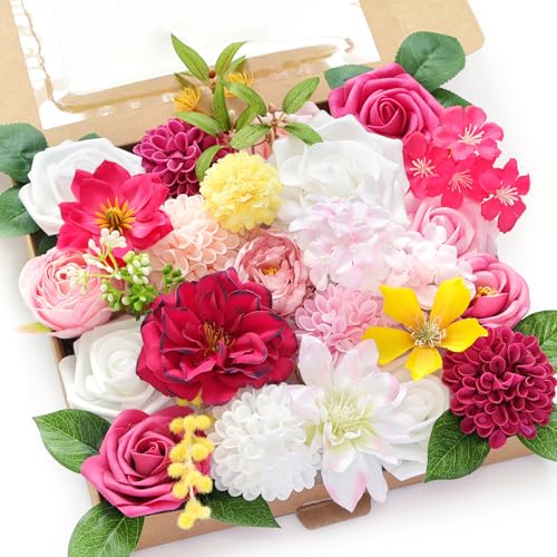 Artificial Flower Box Set Silk Fake Flowers DIY Center Cake Decoration Wedding Bouquet Corsage Home Decor Outdoor Decor Gift (Bright Pink) - color: Bright Pink