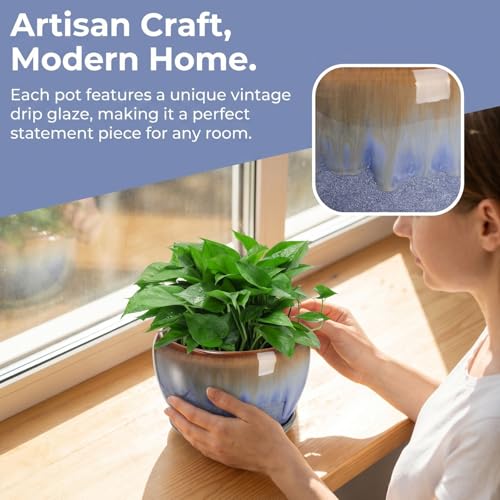 AVLA 3 Pack Ceramic Plant Pots, Gardening Drip Glazed Planters, Decorative Flower Pot with Drainage Hole and Saucer, Round Rustic Houseplant Container for Succulent Herbs Cactus Orchid, Home Office