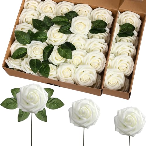 50 Pcs Artificial Foam Rose Flower Faux Bouquet Wedding Fake Rose Gift for Mother's Day Women DIY Bridal Shower Party Table Birthday Home Spring Decor (Ivory) - color: Grey