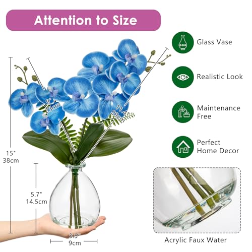 Oairse Blue Orchids Artificial Flowers, Faux Orchid in Glass Vase Real Touch Small Phalaenopsis Orchid Flowers Arrangements with Clear Vase Orchids Centerpiece for Dining Room Table - color: Blue & Clear