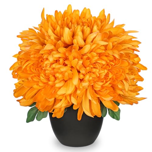Briful Fake Mums Flower in Black Pot Realistic Silk Chrysanthemums Artificial Flowers Fall Mums for Home Decor Indoor Wedding Farmhouse Centerpiece Table, Orange - color: Orange