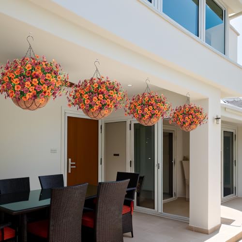 INXUGAO Artificial Silk Flowers Hanging Baskets for Outdoors Indoors, Daisy with Eucalyptus Leaves Arrangement for Garden Yard Decor, Faux Green Plant in Metal Coconut Lining Flowerpot(Orange Brown) - color: Orange Brown