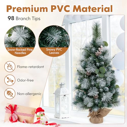 GOFLAME 3FT Prelit Artificial Christmas Tree for Entrance, Indoor Outdoor Xmas Tree with 30 LED Lights, Flocked Pine Needles, Eucalyptus Leaves, White Berries, Pine Cones, Timer for Porch - color: Snow Flocked