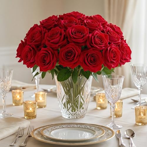 Red Artificial Roses Bulk,4in Large Fake Velvet Roses Faux Giant Flowers(50 - color: Red
