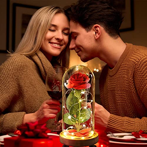 Preserved Rose Gifts for Mom,Birthday Gifts for Women,Beauty and The Beast Rose in Glass Dome,Silk Rose Forever Flowers with Lights,Valentines for Women Wife Daughter Girlfriend - color: Beauty and Beast