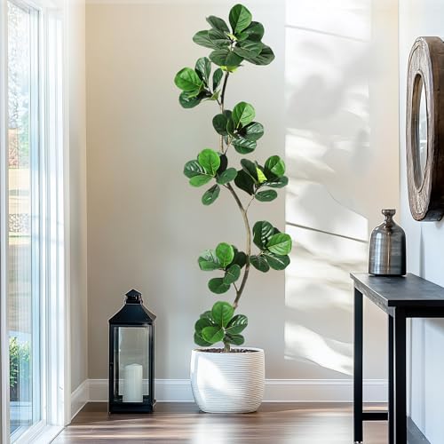 GarveeHome Artificial Fiddle Leaf Fig Tree - 7 ft Fake Plant with Black Nursery Planter, Large Floor Plants for Home or Office Decor - Artificial Plants Indoor Outdoor, Housewarming Gift - size: 7ft