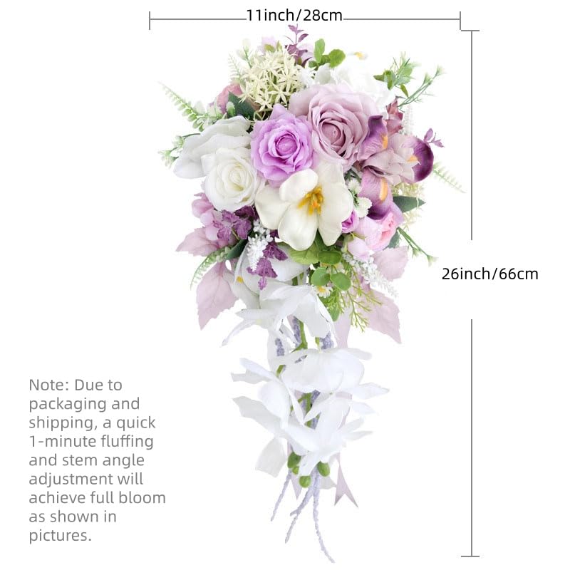 11 Inch Cascading Bridal Bouquet Waterfall Cascade Wedding Bouquet Bride with Artificial Silk Rose Flower Rustic Boho Wedding Ceremony Bouquet Lavender White - color: Lavender & White