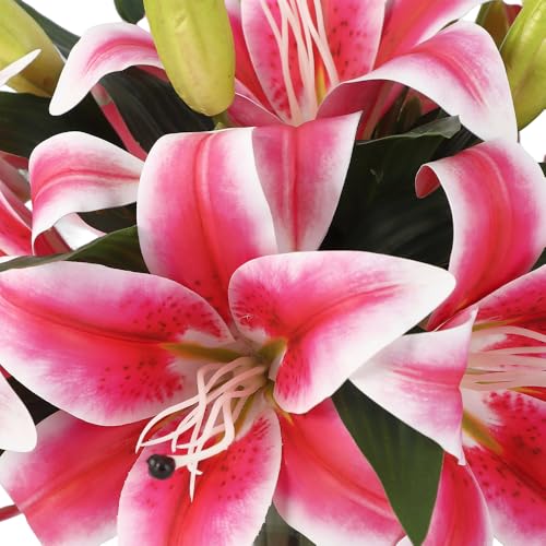 Artificial Tiger Lilies, 6 Stems Real Touch Silk Flowers with Glass Vase, 13 Inch Lifelike Fake Flowers for Home Decor, Wedding, Office, Table Centerpiece, Pink - color: Tiger Lily ,Pink