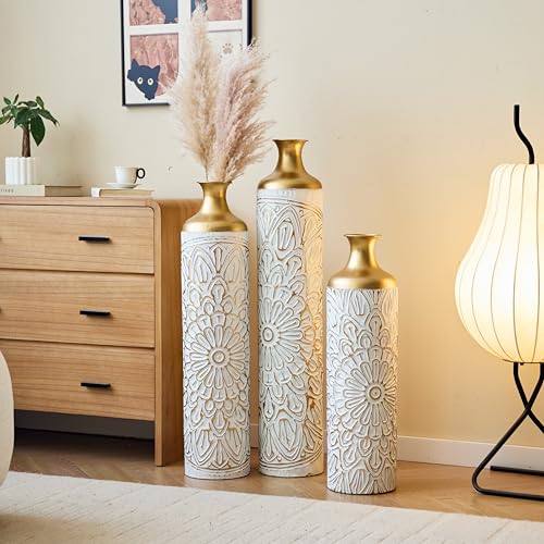 Floor Vases, Tall Home Decor Metal Vase Set of 3 Large Glazed Decorative Vases for Wedding Decor, Elegant Modern Flower Holder for Living Room, Entryway, Hallway - color: Floral Ivory Gold