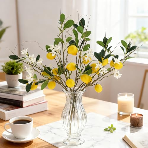 18.7'' Artificial Lemon Branches Fake Lemons Stem Decoration Faux Fruit Branch with Lifelike Leaves DIY Wreath Party Farmhouse Home Kitchen Table Ornament Themed - 4 Pcs