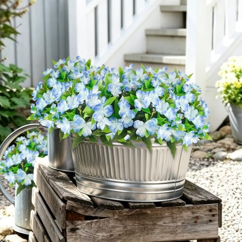2 Pcs Artificial Impatiens Flowers for Outdoors Faux Impatiens Bushes Blue Silk Flowers Greenery Artificial Impatiens Bouquet for Patio Lawn Garden Pot Hanging Basket Porch Decoration - color: Blue