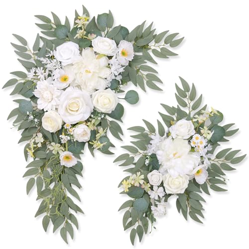 Odouzy Pack of 2 Wedding Arch Decorations Artificial Hanging Flowers Floral Swag for Wedding Welcome Sign Backdrop Balloon Arch Home Party Bridal Ceremony Reusable(New White) - color: New White