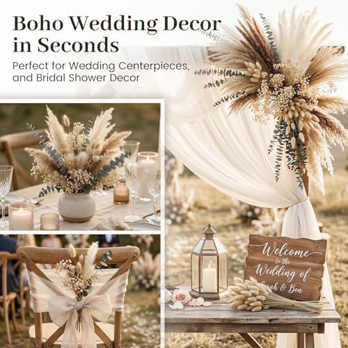 JOHOUSE 120PCS Dried Pampas Grass Set for Vase, Natural Pampas Grass Eucalyptus Stems Bunny Tails 17 inches for Boho Home Wedding Farmhouse Decor