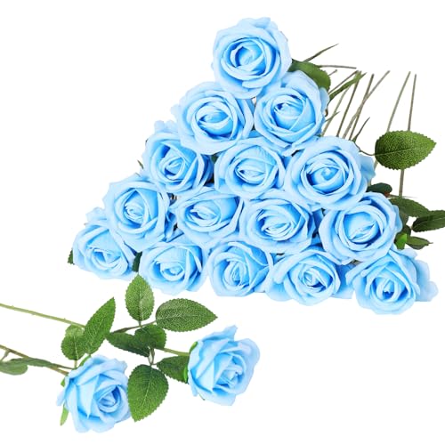 40 PCS Artificial Flowers Fake Roses with Long Stem Realistic Artificial Flowers Bulk for Wedding Party Home Bathroom Kitchen Decor (Sky Blue+Blue) - color: Sky Blue+blue