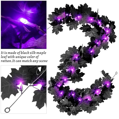 Black Leaf Garland with Purple Lights, 2 Pack Halloween Artificial Hanging Fall Leave Vines with 20 LED, Fall Floral Garlands Thanksgiving Decor for Home Wedding Party (11.8FT) - color: 2 Black With 2 Lights