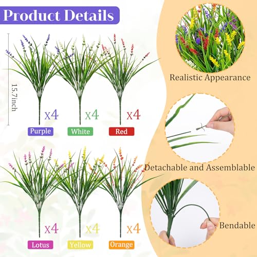 24 Bundles Artificial Plants Flowers Outdoor, Faux Lavender Flowers Fake Monkey Grass UV Resistant Plastic Plant for Porch Garden Patio Window Home Decor, Mixed Color - color: Multi Color