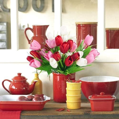 obbsie 6 pcs Tulips Artificial Flowers, Artificial Red White Pink Tulips Flowers Real Touch Silk Flower for Wedding Party Home Table Decor