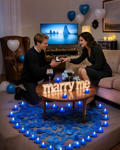 Amagic 1000 Pieces Blue Artificial Rose Petals with 12 Blue Heart LED Tea Lights, Rose Petals, and Candles Set for Proposal, Anniversary, Romantic Night, Wedding Decor - color: 12 Pcs Blue Candles + 1000 Pcs Blue Petals