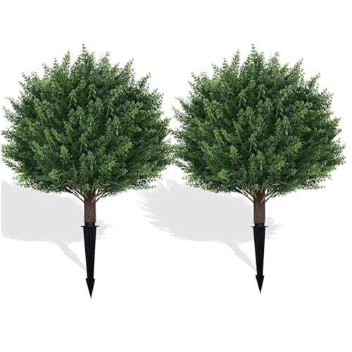 24" Artificial Topiary Boxwood Fake Plants for Indoors & Outdoors | 2 Set of Realistic Faux Cypress Trees with Ground Stakes, Cedar Shrubs for Spring Summer Porch, Patio, Garden Decor - color: Cypress