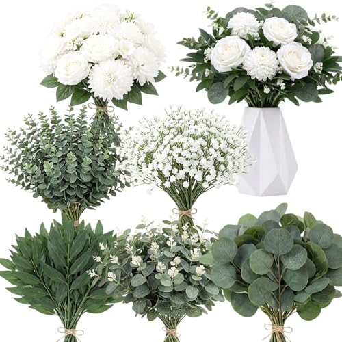 Yinder 120 Pcs 7 Kinds Artificial Eucalyptus Stems and Faux Flowers Bulk Mixed Fake Greenery Silver Dollar Eucalyptus Leaves Artificial Baby's Breath Dandelions for Wedding DIY Vase Floral Bouquets