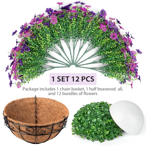 Artificial Fake Hanging Flowers Plants Basket Outdoors, Faux Silk UV Resistant Look Real Daisy Eucalyptus for Spring Summer Garden Porch Home Patio Balcony Yard Decorations, Double Purple - color: Double Purple