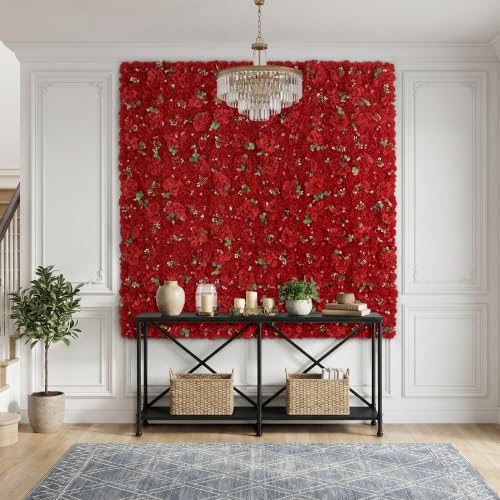 12pcs Artificial Flower Wall Backdrop 16.5x16.5 Inch Bright Red Floral Panel Silk Rose Wall Background Ideal for Wedding Celebrations, Party Backdrops and Elegant Home Decor - color: Bright Red, size: 16.5inch