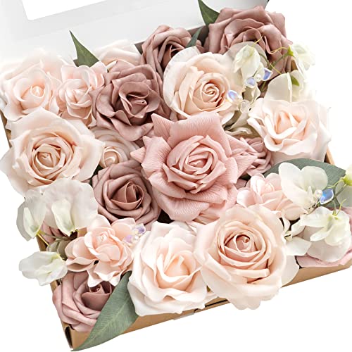 Ling's moment Fake Flowers Box, Faux Artificial Greenery Stems Foam Roses Gardenia Silk Sweat Pea Fabic Flower for DIY Centerpieces Bouquet Wedding Vase Decorations, Dusty Rose & Cream, Grand Combo - color: Pk-dusty Rose & Cream, size: Grand