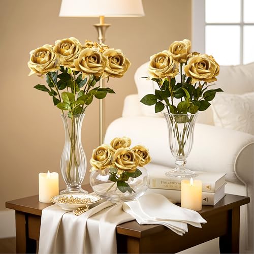 Auihiay 14PCS Gold Artificial Roses, Silk Rose Bouquet with Long Stems for Father's Day, Valentine's Day, Anniversary, Cake Decor, Valentine's Day & Home Decoration - color: Gold
