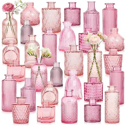 30Pcs Pink Glass Bud Vases, Wedding Table Decor, Bulk Housewarming Gift | Pink bud vases in bulk, Rustic embossed, Vintage-styled glass vases for centerpieces, 15 unique vintage styles(2 per design) - color: Pink Series