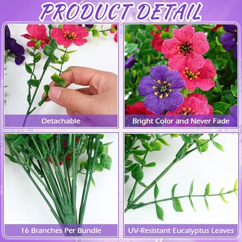 Suncalla 4 Pcs 30In Artificial Hanging Flowers for Outdoor Planter 156 Branches Trailing Faux Potted Plant Fake Floral UV & Fading Resistant for Wedding Patio Spring Summer Decor(Dark Purple,Rose Red) - color: Dark Purple,rose Red