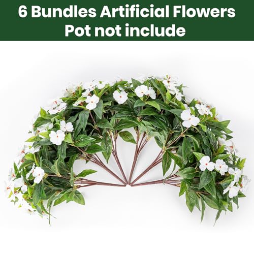 Nigirior Artificial Fake Flowers for Outdoor Décor 6 Bundles UV Resistant Fake Plants for Planter Faux Impatiens for Home Porch/Garden Stunning（White） - color: White