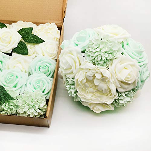 Artificial Flowers Combo Delicate Mint Green Mixed Flowers with Stem for DIY Wedding Bouquets Centerpieces Baby Shower Party Home Decorations - color: Delicate Ivory&mint Green